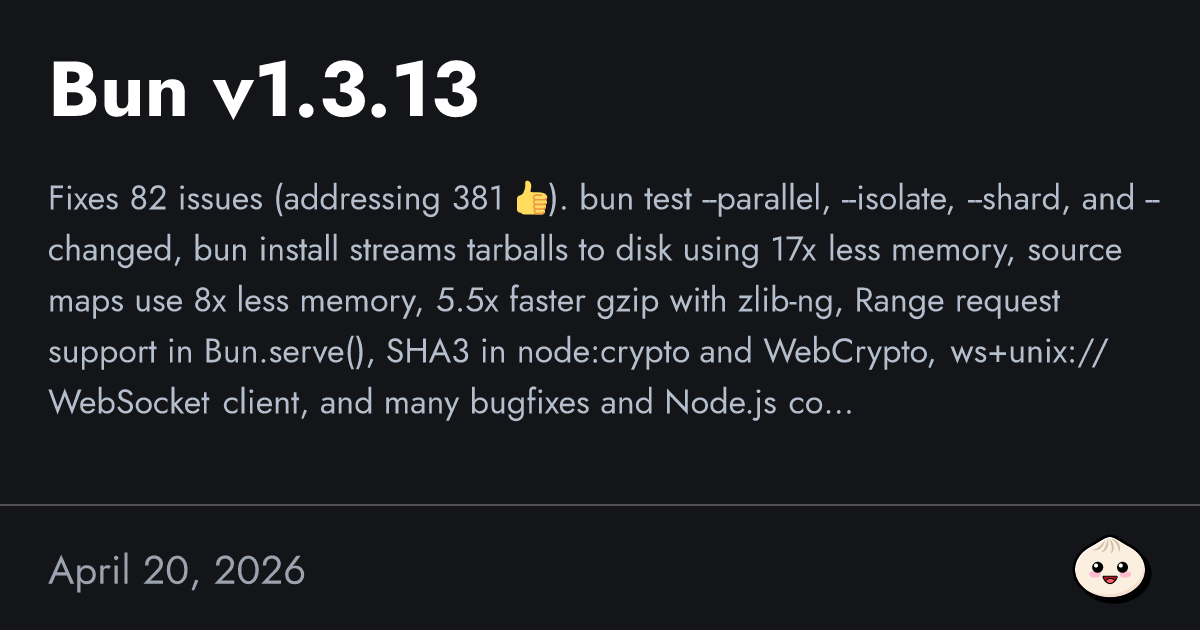 Bun v1.3.13 release announcement — official cover from bun.com